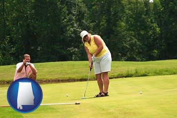 a golf putting lesson on a golf course - with Alabama icon