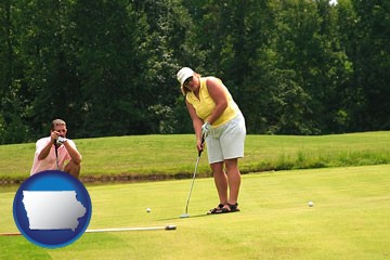 a golf putting lesson on a golf course - with Iowa icon