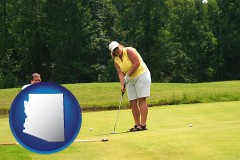 arizona map icon and a golf putting lesson on a golf course