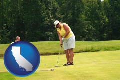 california map icon and a golf putting lesson on a golf course