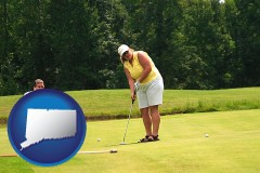 connecticut map icon and a golf putting lesson on a golf course