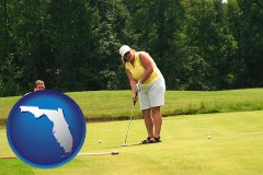 florida map icon and a golf putting lesson on a golf course