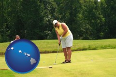 hawaii map icon and a golf putting lesson on a golf course