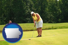 iowa map icon and a golf putting lesson on a golf course