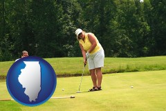illinois map icon and a golf putting lesson on a golf course