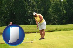 indiana map icon and a golf putting lesson on a golf course