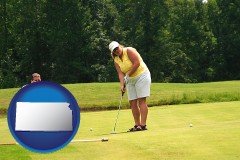 kansas map icon and a golf putting lesson on a golf course