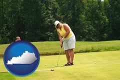 kentucky map icon and a golf putting lesson on a golf course