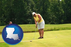 louisiana map icon and a golf putting lesson on a golf course