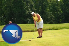 maryland map icon and a golf putting lesson on a golf course