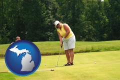 michigan map icon and a golf putting lesson on a golf course