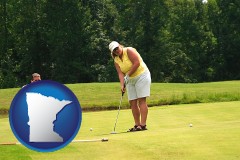 minnesota map icon and a golf putting lesson on a golf course