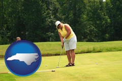 north-carolina map icon and a golf putting lesson on a golf course