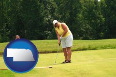 nebraska map icon and a golf putting lesson on a golf course