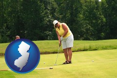 new-jersey map icon and a golf putting lesson on a golf course