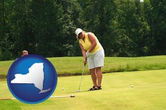 new-york map icon and a golf putting lesson on a golf course