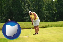 ohio map icon and a golf putting lesson on a golf course