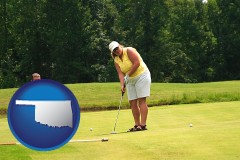 oklahoma map icon and a golf putting lesson on a golf course