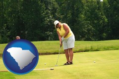 south-carolina map icon and a golf putting lesson on a golf course