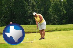 texas map icon and a golf putting lesson on a golf course