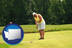 washington map icon and a golf putting lesson on a golf course