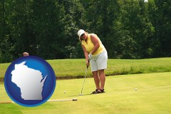 wisconsin map icon and a golf putting lesson on a golf course